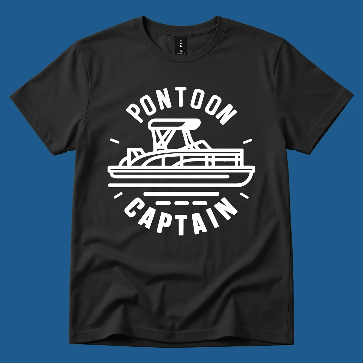 Pontoon captain boat illustration with text. White outline of a pontoon boat.