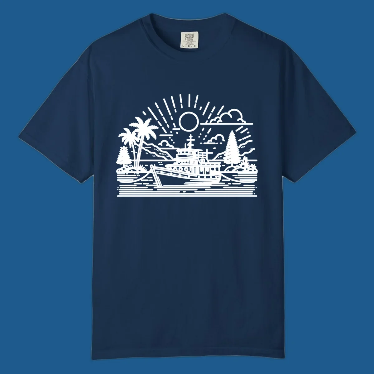 Tropical boat scene with palm trees and sun rays, line art illustration.