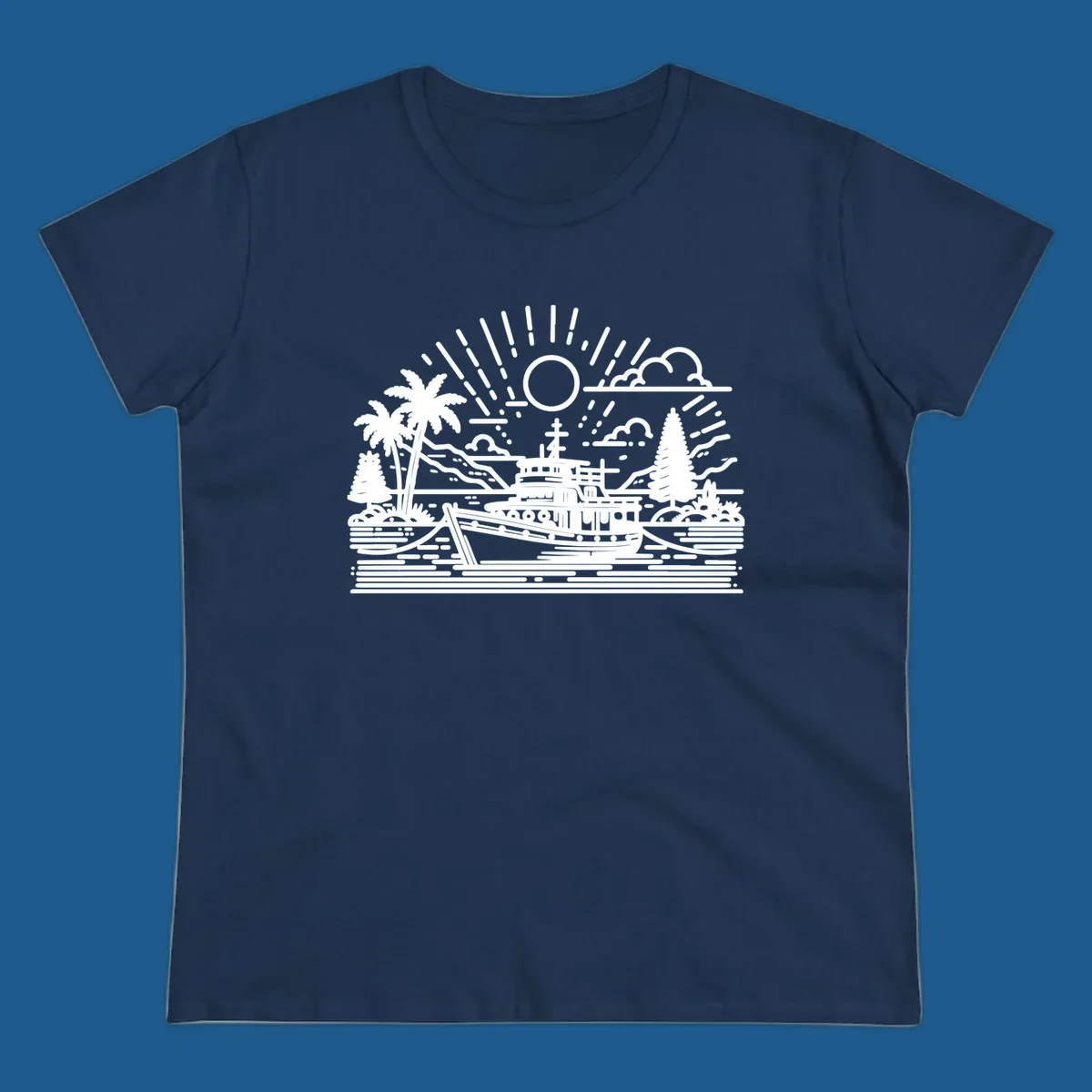 Tropical boat scene with palm trees and sun rays, line art illustration.
