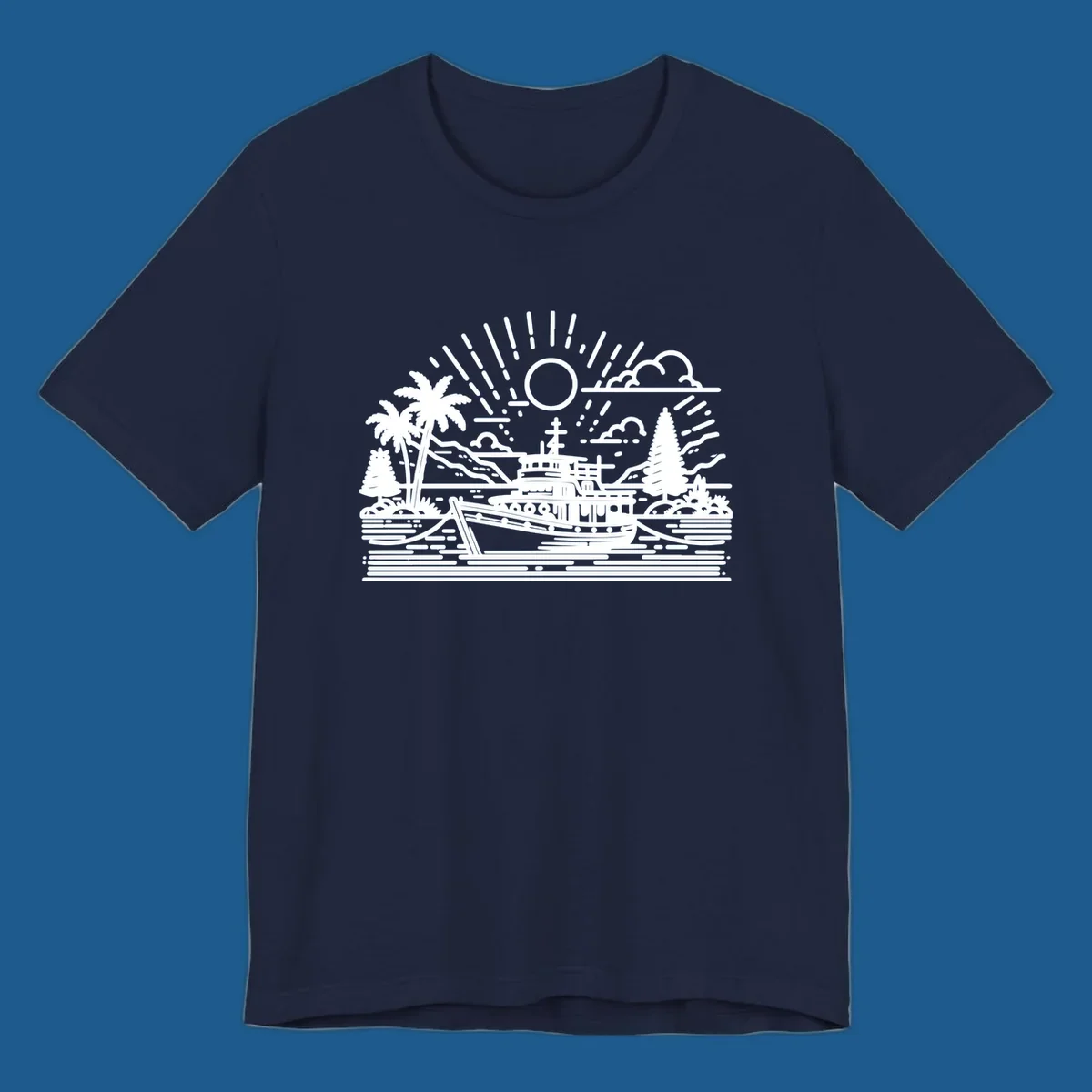 Tropical boat scene with palm trees and sun rays, line art illustration.
