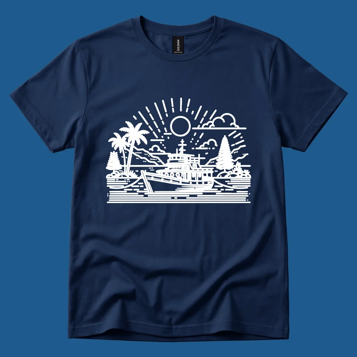 Tropical boat scene with palm trees and sun rays, line art illustration.