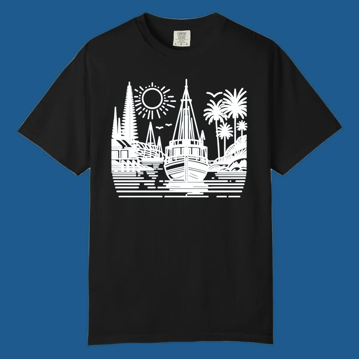 Tropical boat scene with palm trees, sun, and water. Primary keyword: tropical-boat-scene.