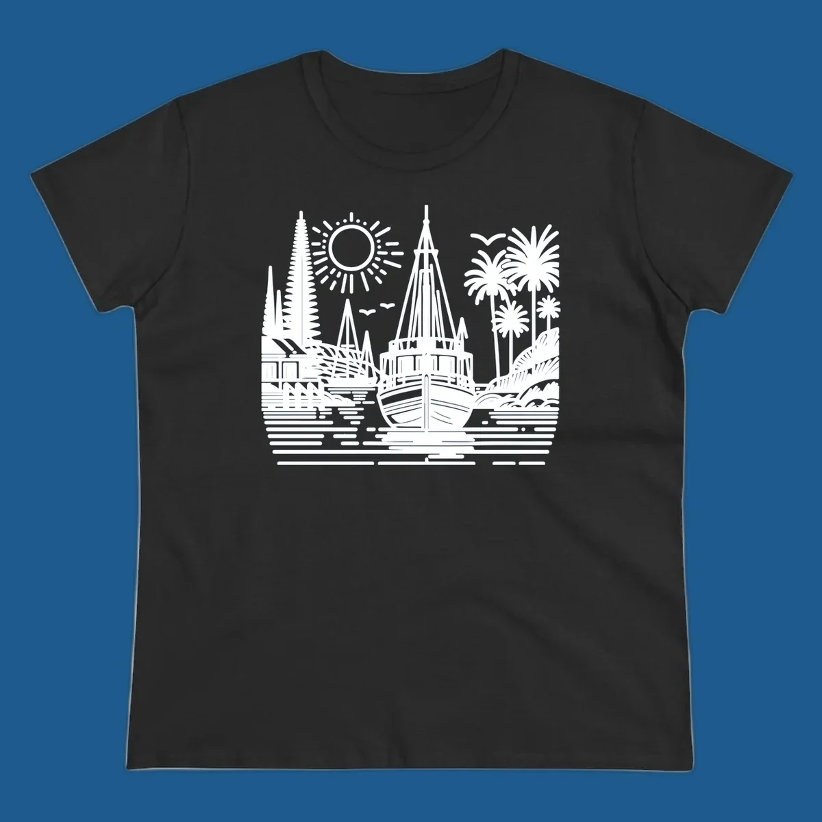 Tropical boat scene with palm trees, sun, and water. Primary keyword: tropical-boat-scene.