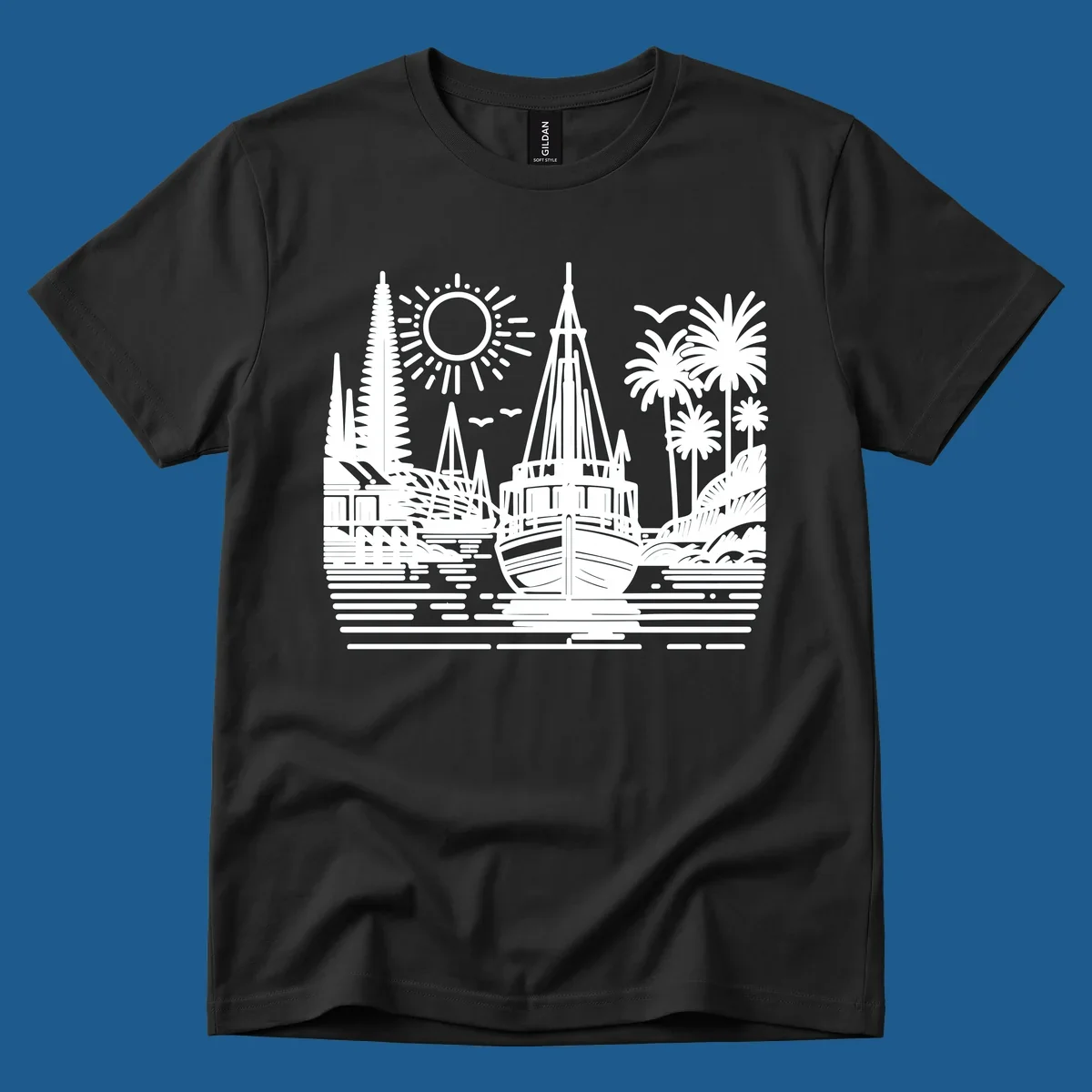 Tropical boat scene with palm trees, sun, and water. Primary keyword: tropical-boat-scene.