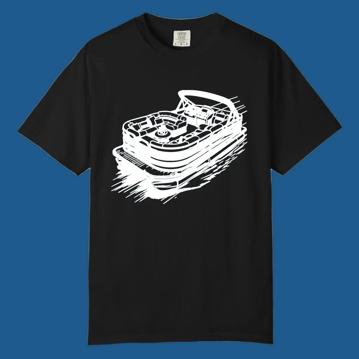 Illustration of a pontoon boat in motion, white lines on black, pontoon boat adventure.