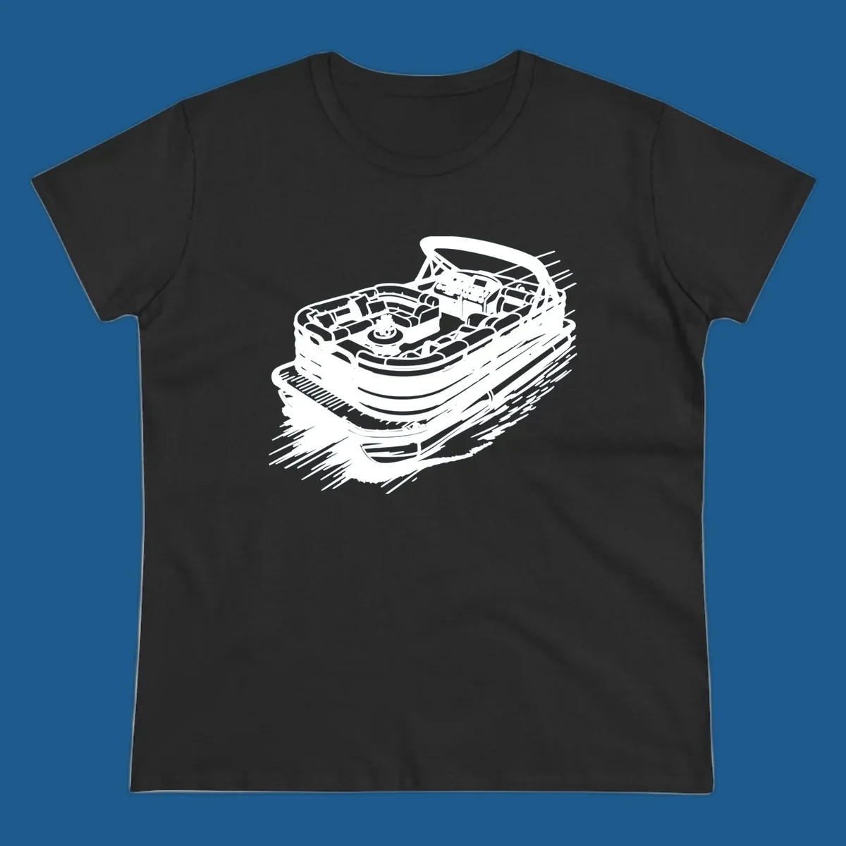 Illustration of a pontoon boat in motion, white lines on black, pontoon boat adventure.