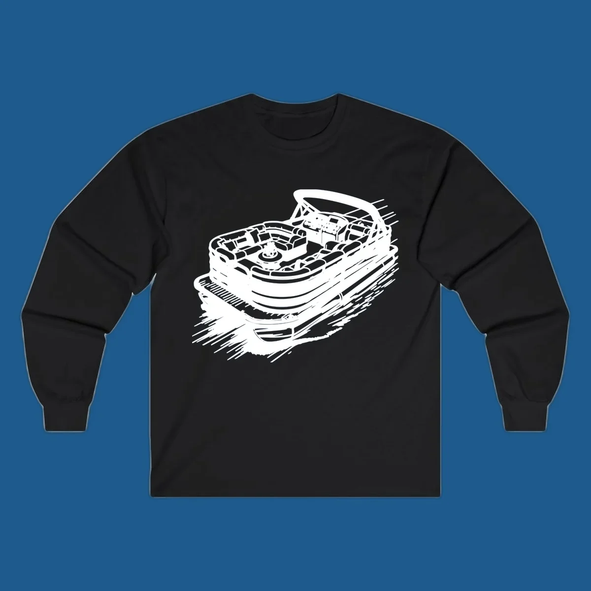 Illustration of a pontoon boat in motion, white lines on black, pontoon boat adventure.