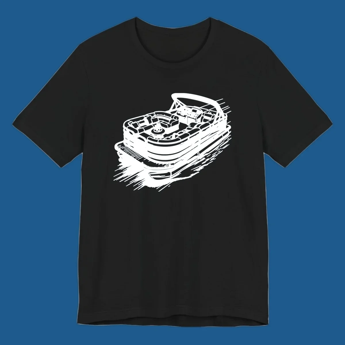 Illustration of a pontoon boat in motion, white lines on black, pontoon boat adventure.