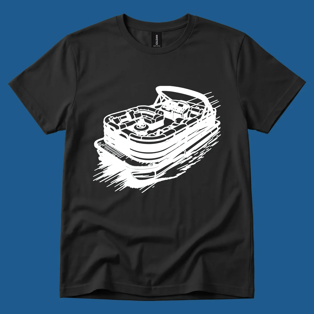 Illustration of a pontoon boat in motion, white lines on black, pontoon boat adventure.