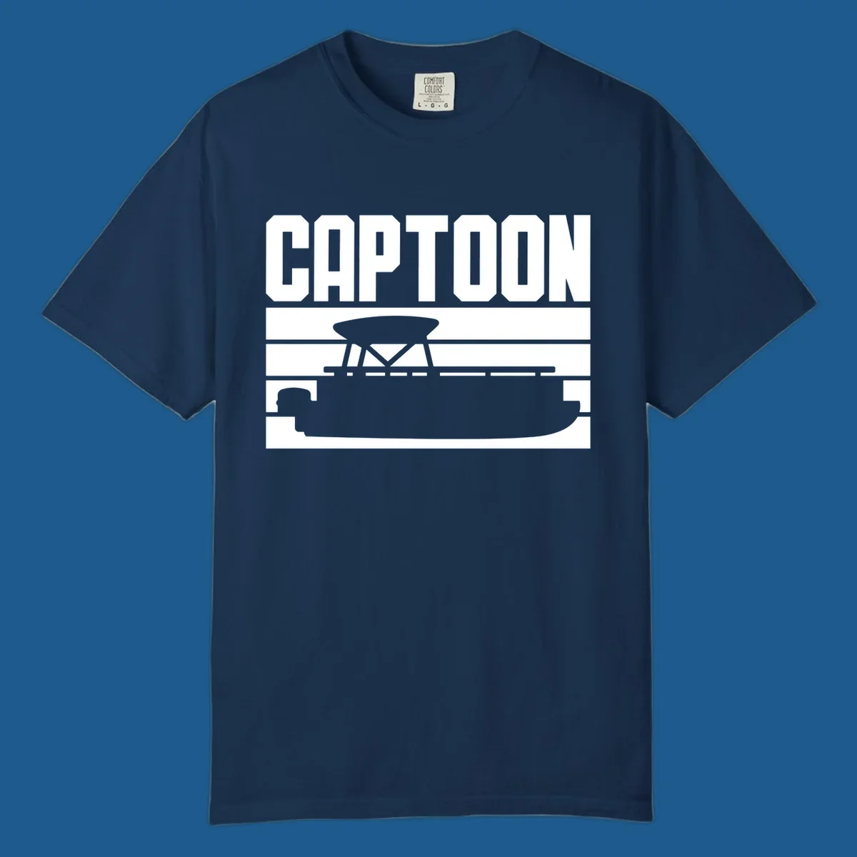Captoon text and pontoon boat silhouette design