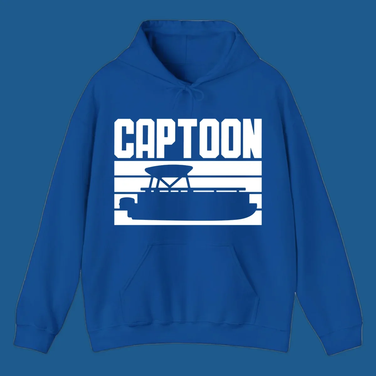 Captoon text and pontoon boat silhouette design