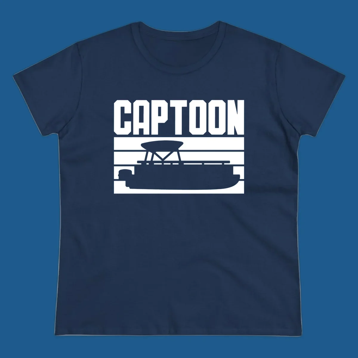 Captoon text and pontoon boat silhouette design