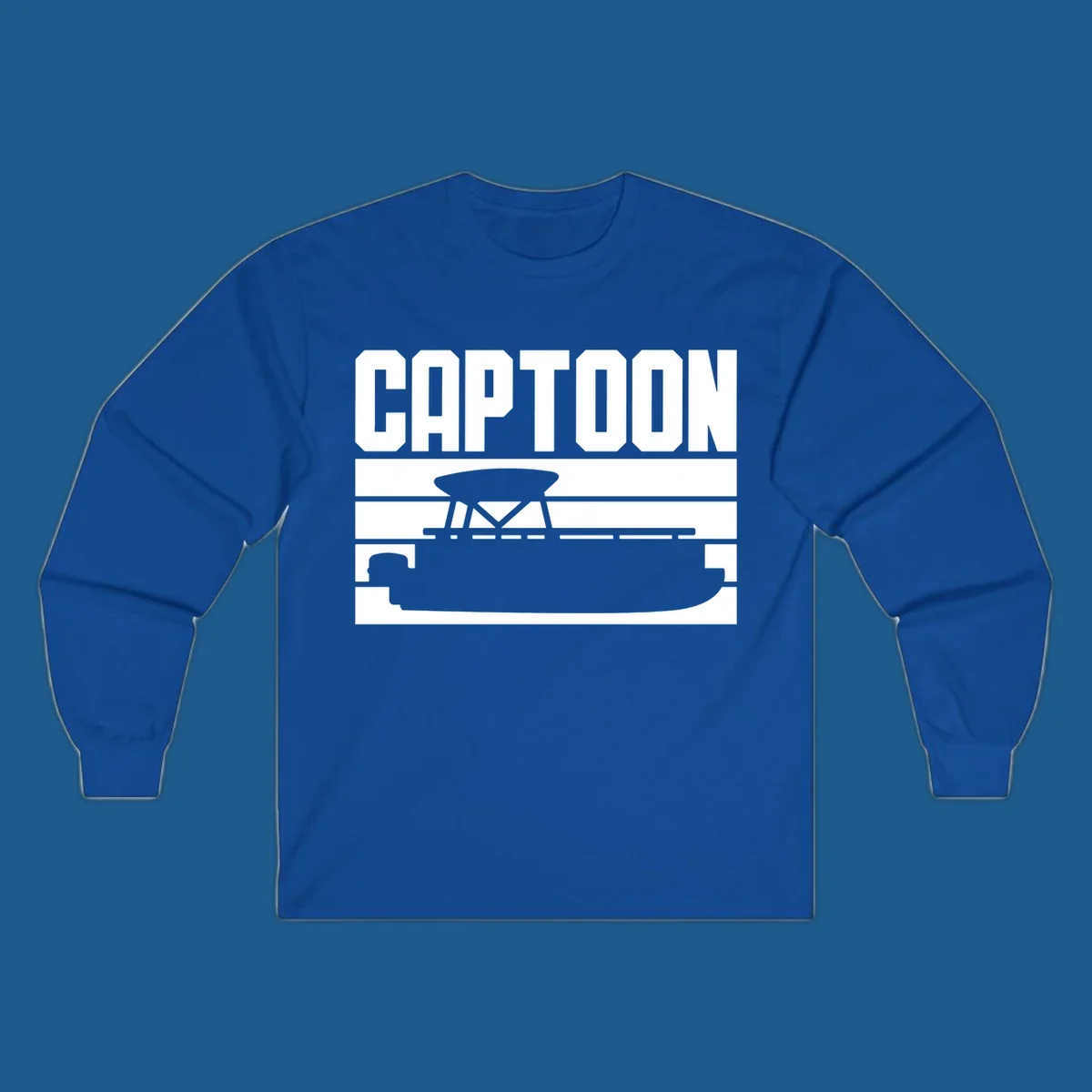 Captoon text and pontoon boat silhouette design