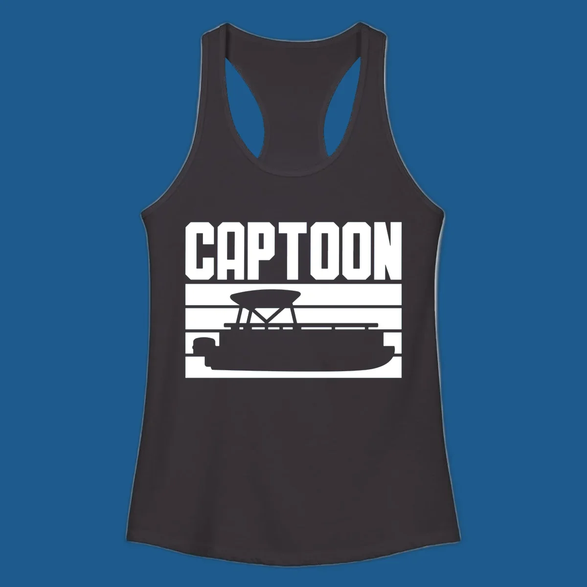 Captoon text and pontoon boat silhouette design