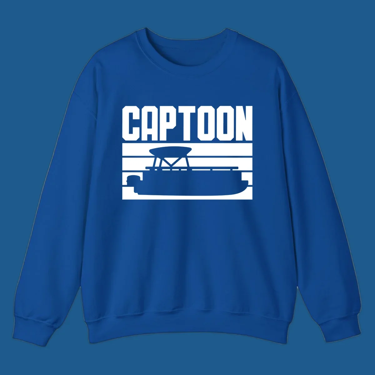 Captoon text and pontoon boat silhouette design