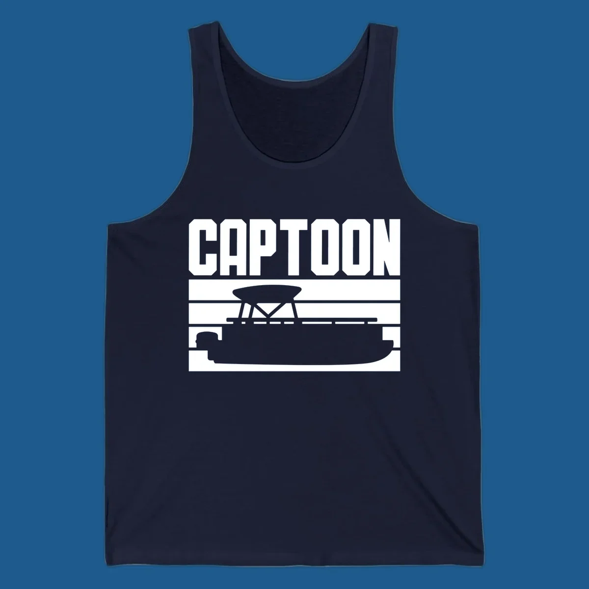Captoon text and pontoon boat silhouette design