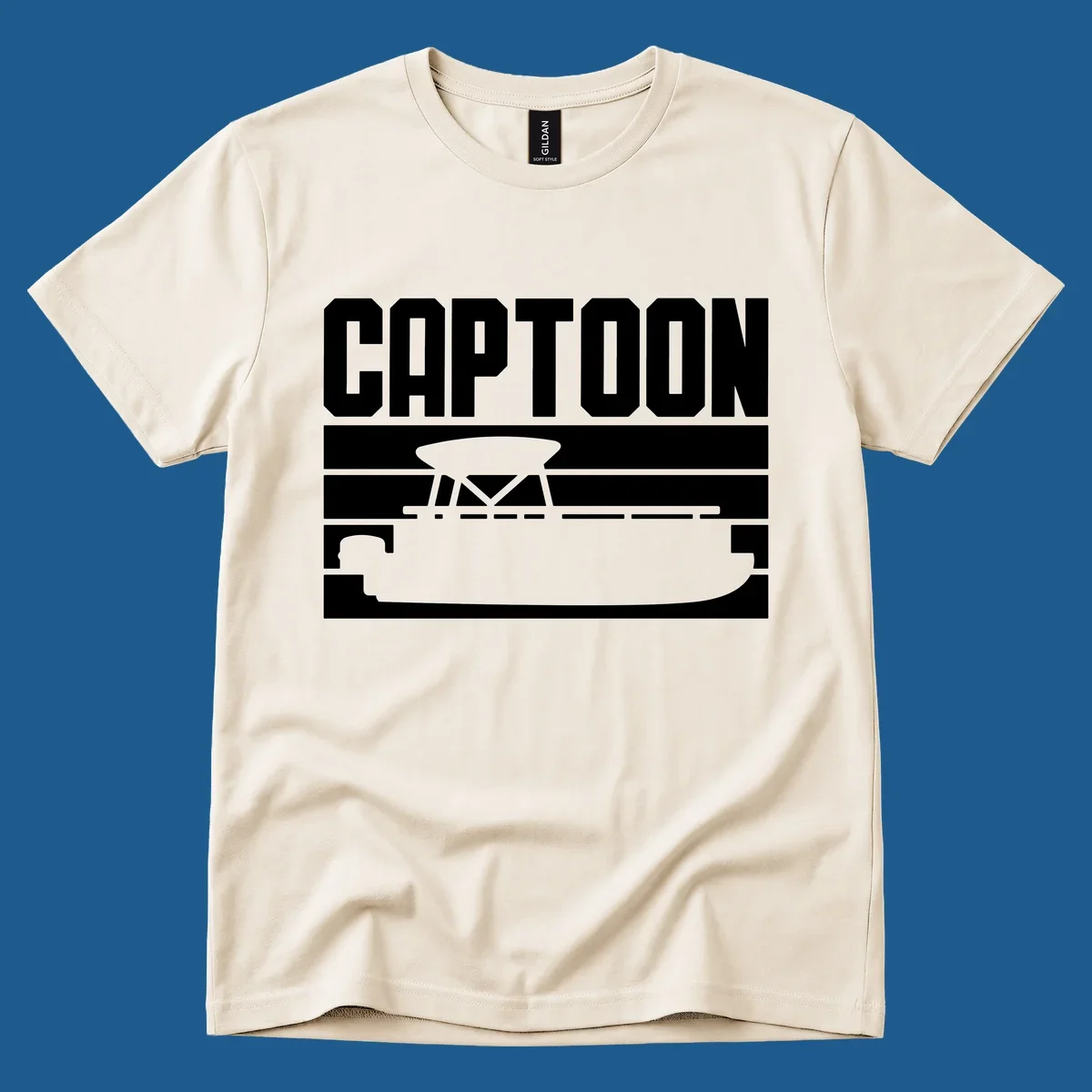 Captoon text and pontoon boat silhouette design
