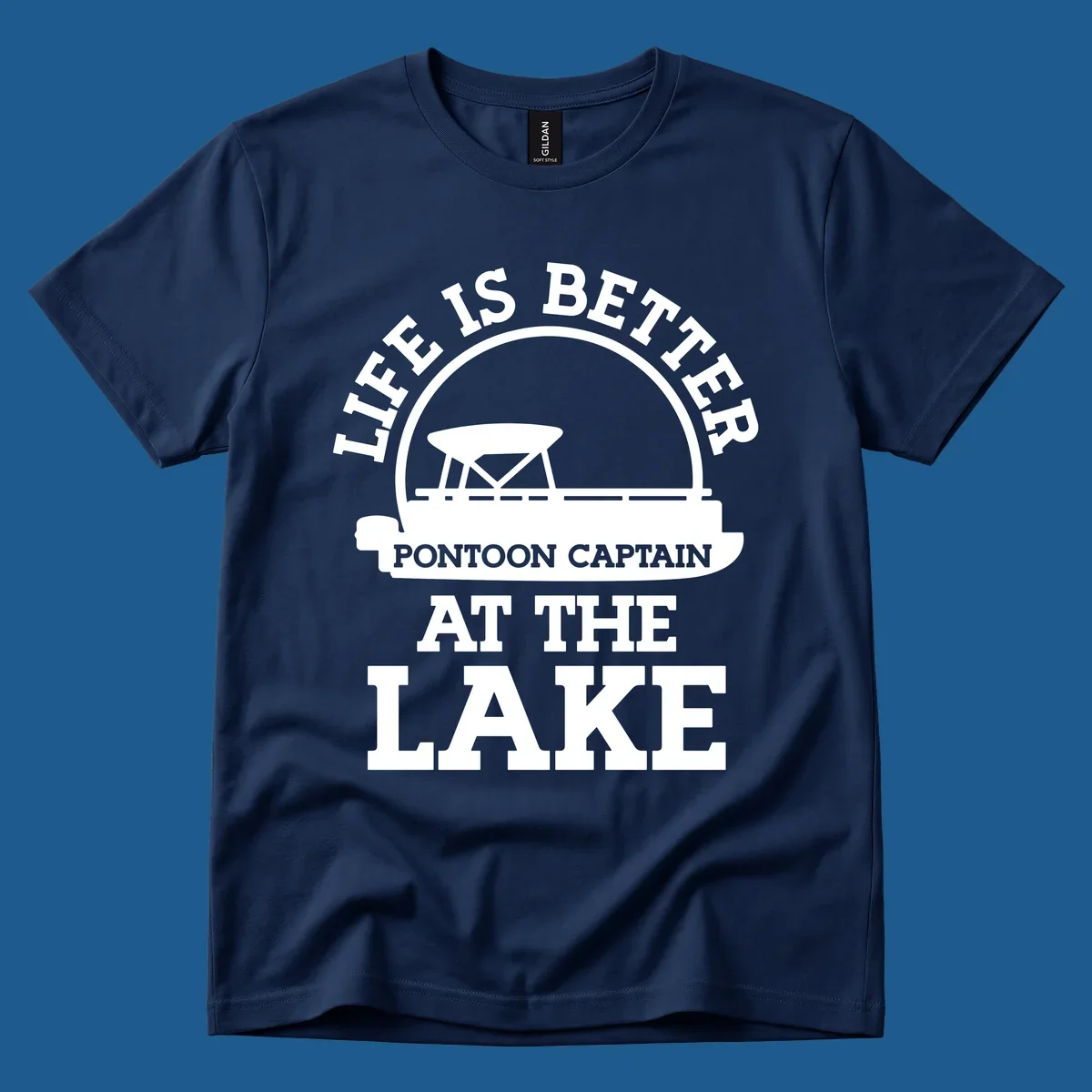 Life Is Better Pontoon Captain At The Lake design with pontoon boat illustration and text.