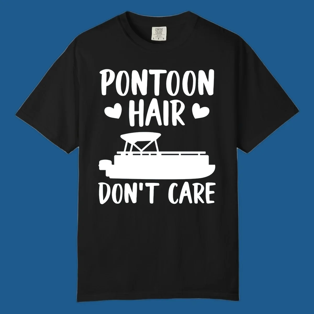 Pontoon Hair Don't Care text and illustration with hearts.