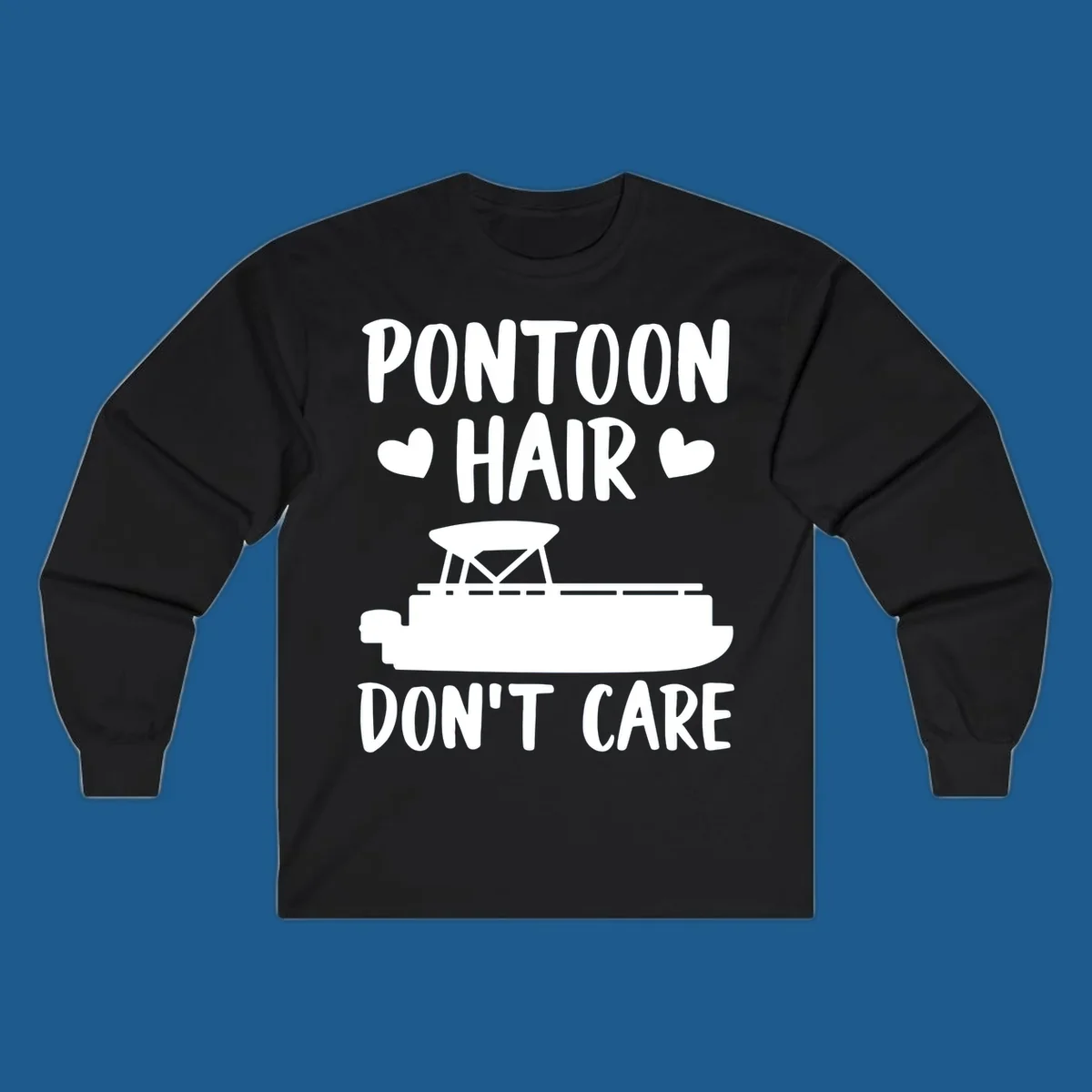 Pontoon Hair Don't Care text and illustration with hearts.