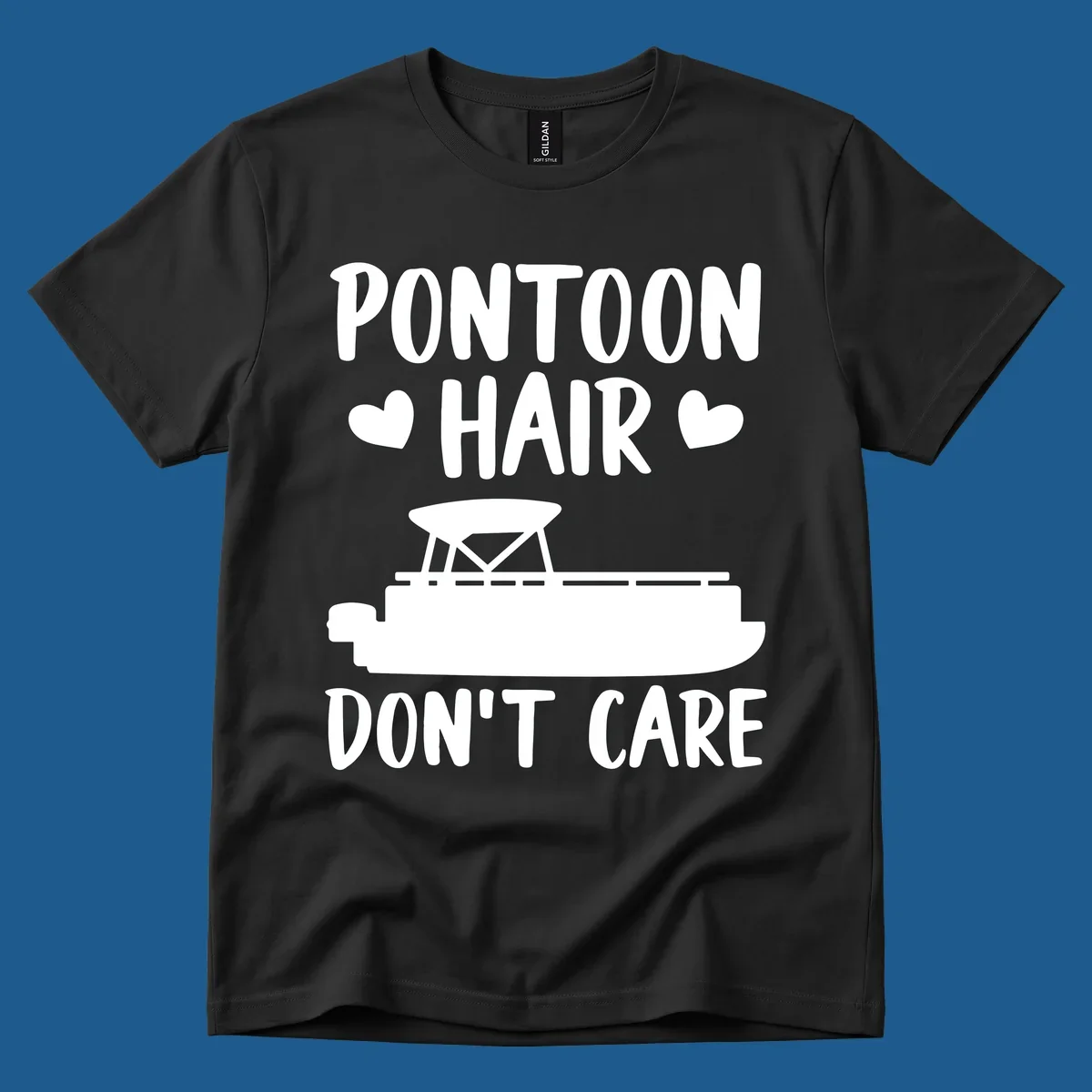 Pontoon Hair Don't Care text and illustration with hearts.