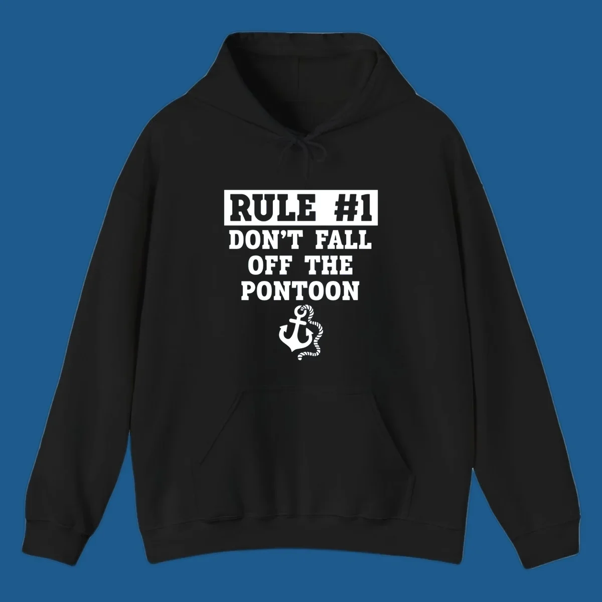 Text reads RULE #1 DON'T FALL OFF THE PONTOON, with an anchor graphic. Funny pontoon rule.