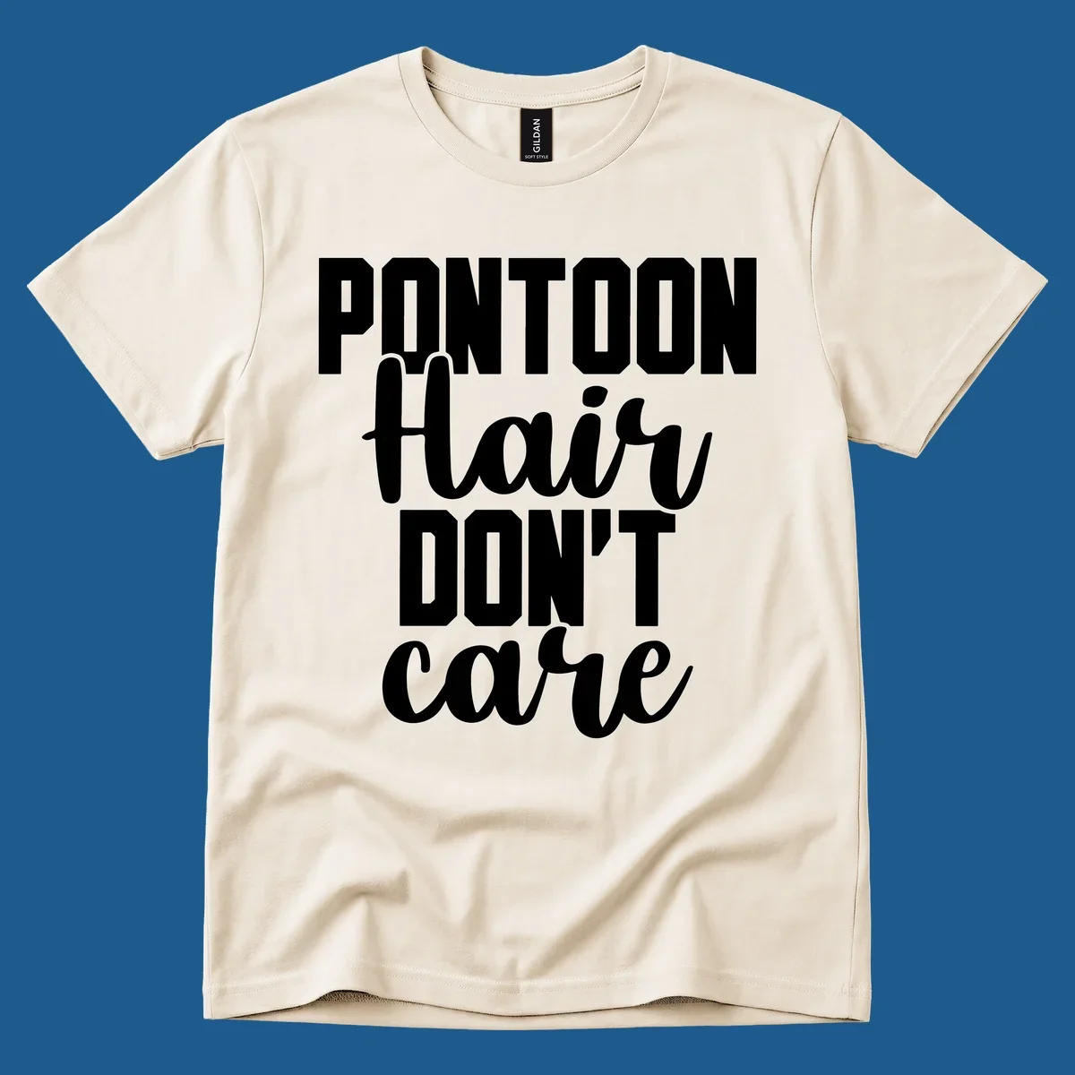 White typography design that says PONTOON Hair DON'T care on a black background.