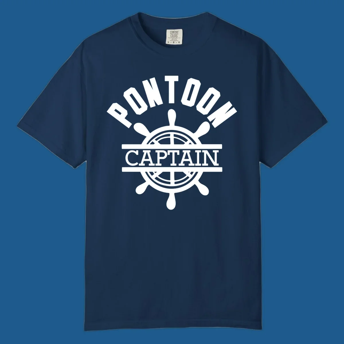 Pontoon captain ship's wheel design. White text and graphic on dark, black text and graphic on light.