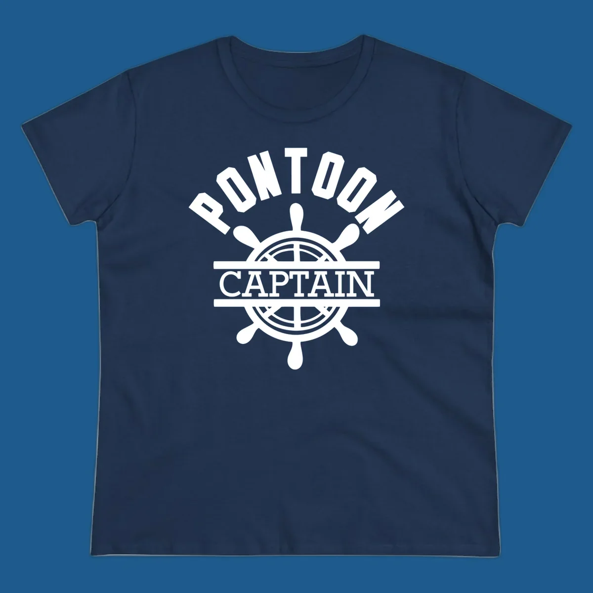 Pontoon captain ship's wheel design. White text and graphic on dark, black text and graphic on light.