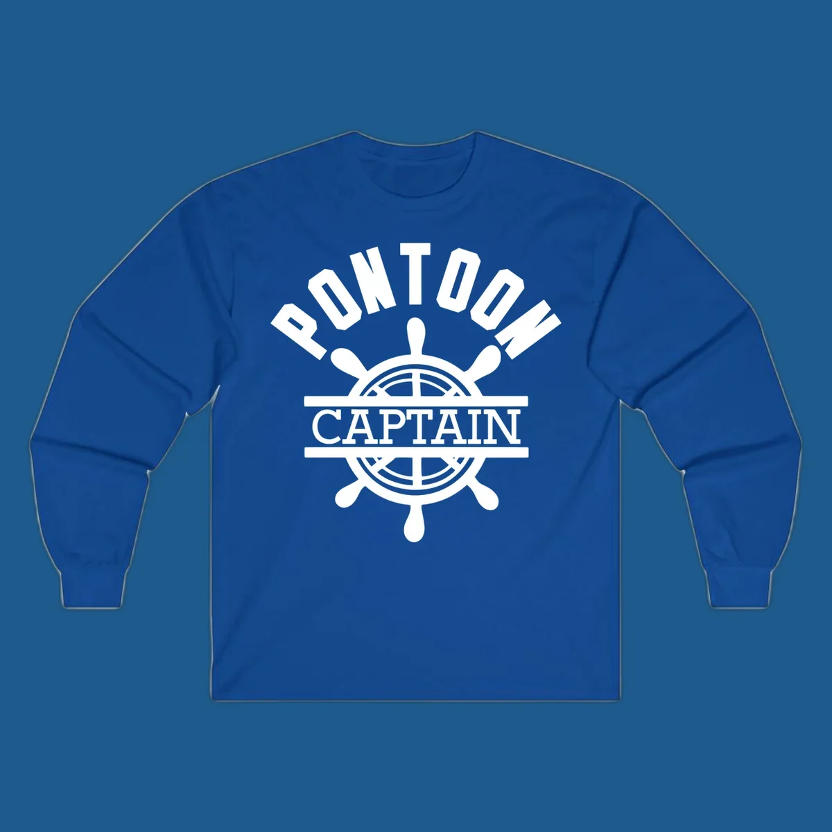 Pontoon captain ship's wheel design. White text and graphic on dark, black text and graphic on light.