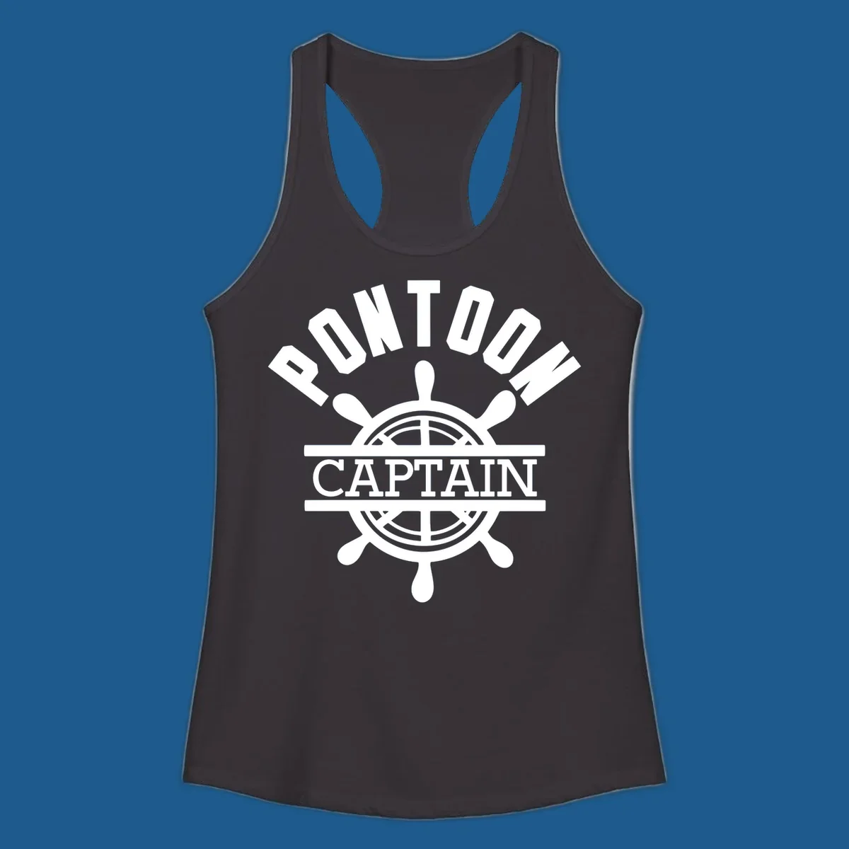 Pontoon captain ship's wheel design. White text and graphic on dark, black text and graphic on light.