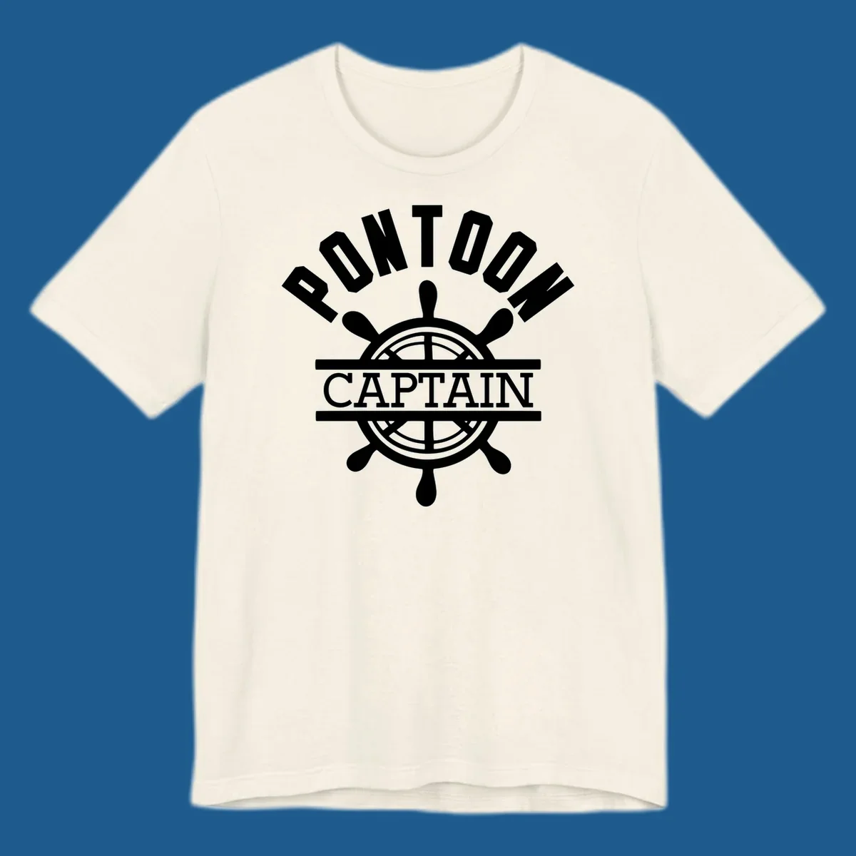 Pontoon captain ship's wheel design. White text and graphic on dark, black text and graphic on light.
