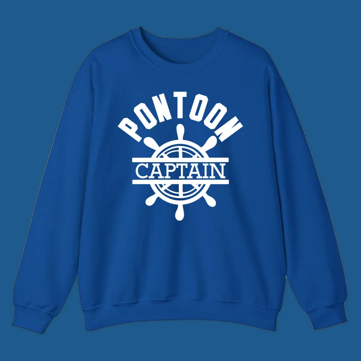 Pontoon captain ship's wheel design. White text and graphic on dark, black text and graphic on light.