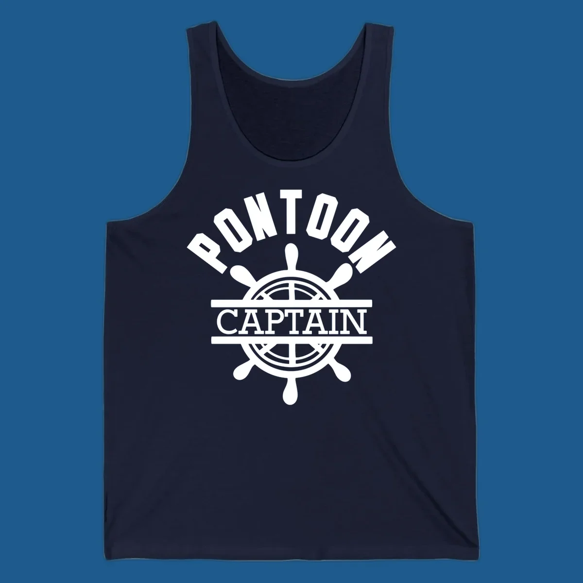 Pontoon captain ship's wheel design. White text and graphic on dark, black text and graphic on light.