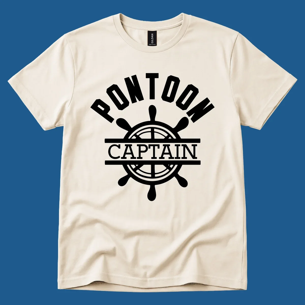 Pontoon captain ship's wheel design. White text and graphic on dark, black text and graphic on light.
