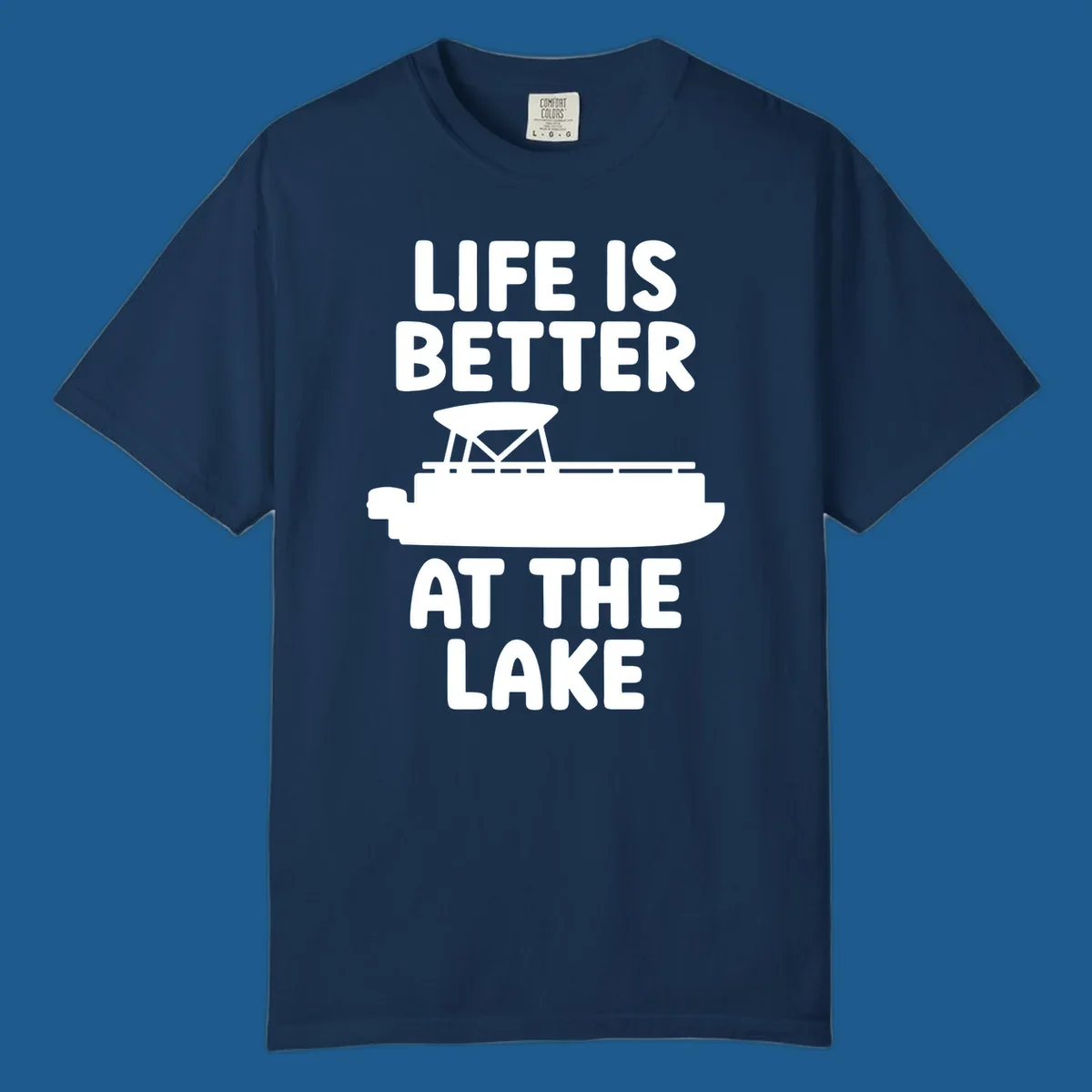 Life is better at the lake text with pontoon boat graphic