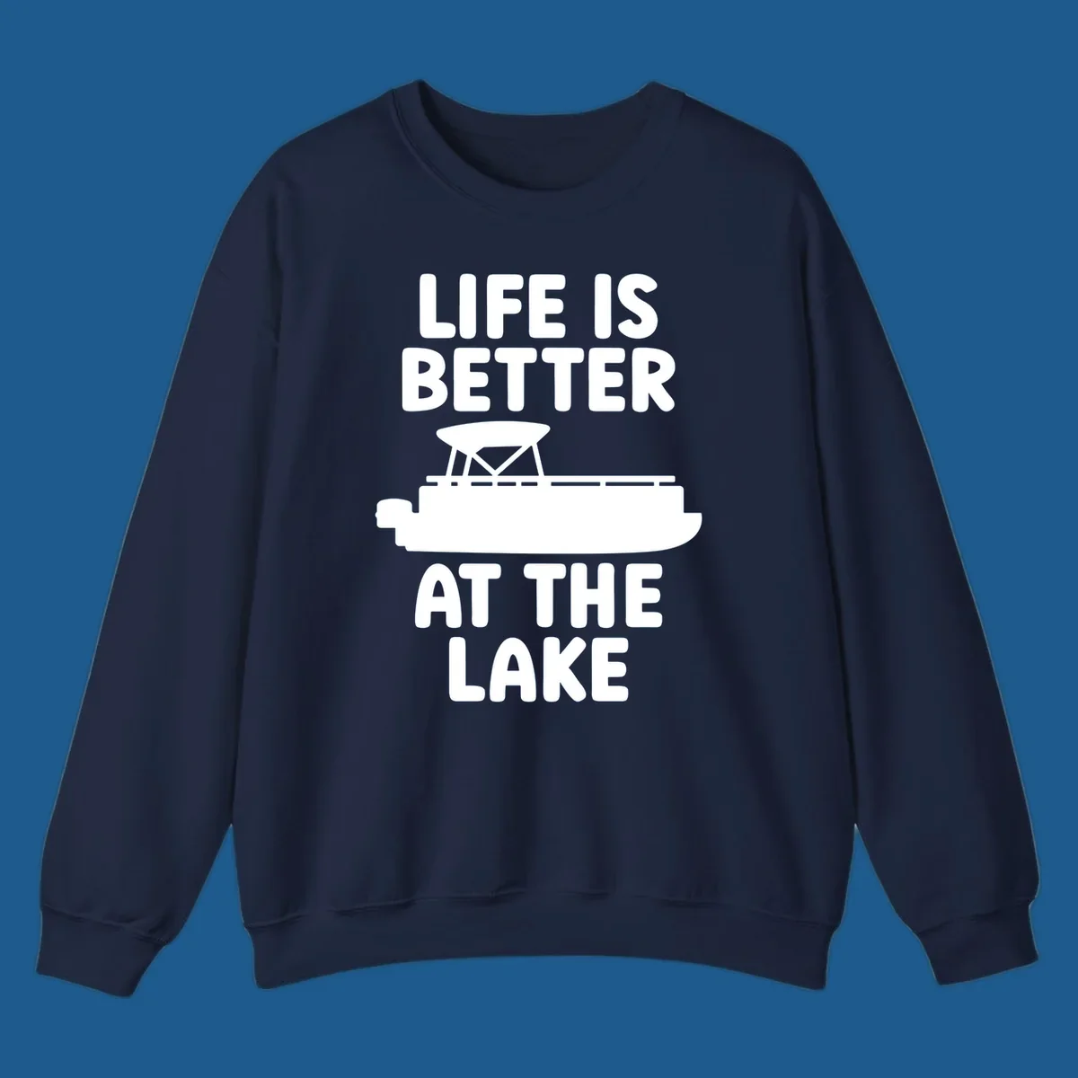Life is better at the lake text with pontoon boat graphic