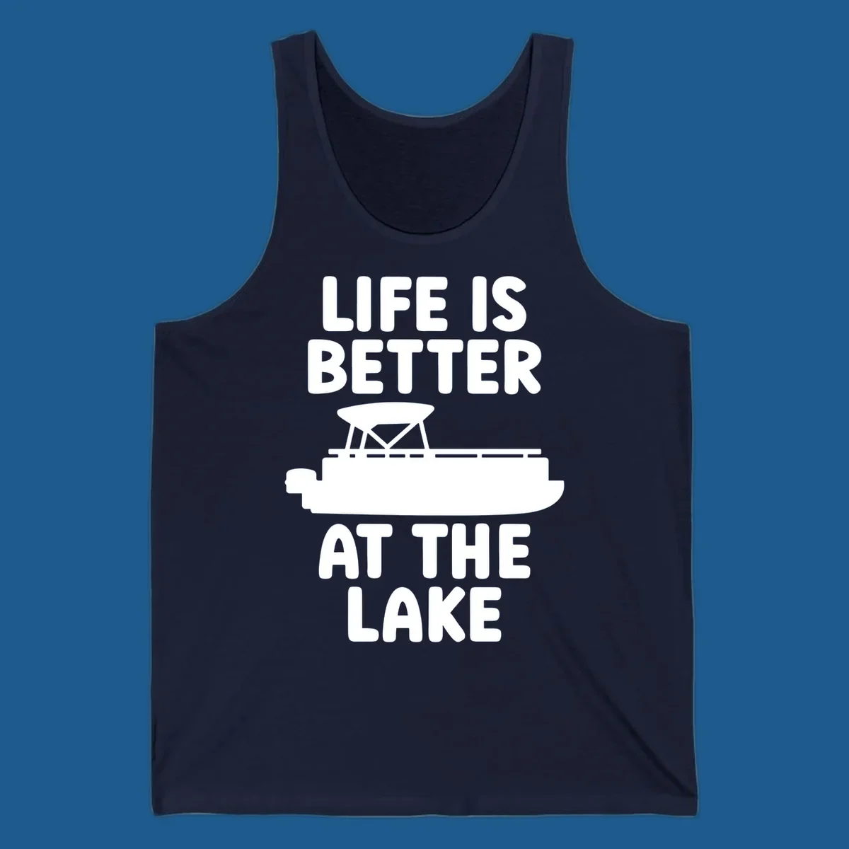 Life is better at the lake text with pontoon boat graphic