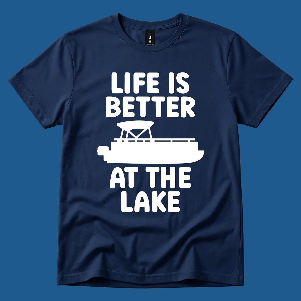 Life is better at the lake text with pontoon boat graphic