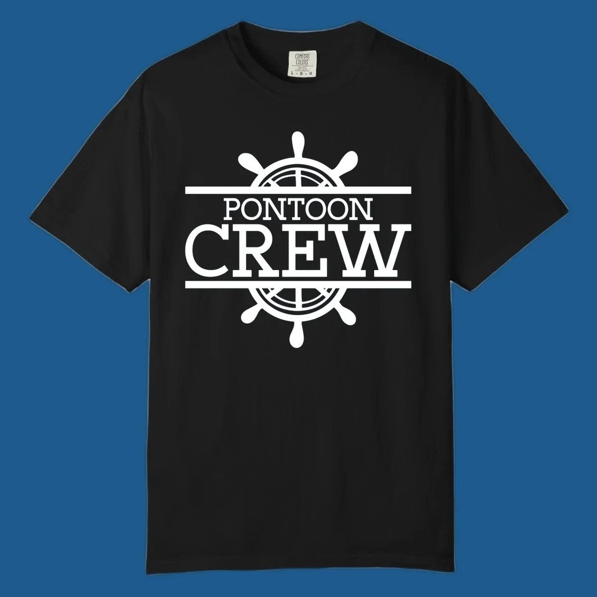 Pontoon crew nautical helm design with white text and graphics.