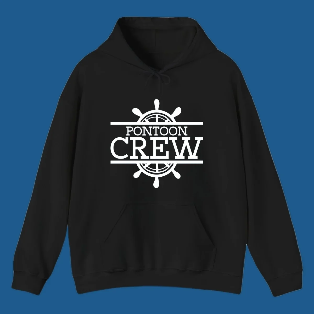 Pontoon crew nautical helm design with white text and graphics.