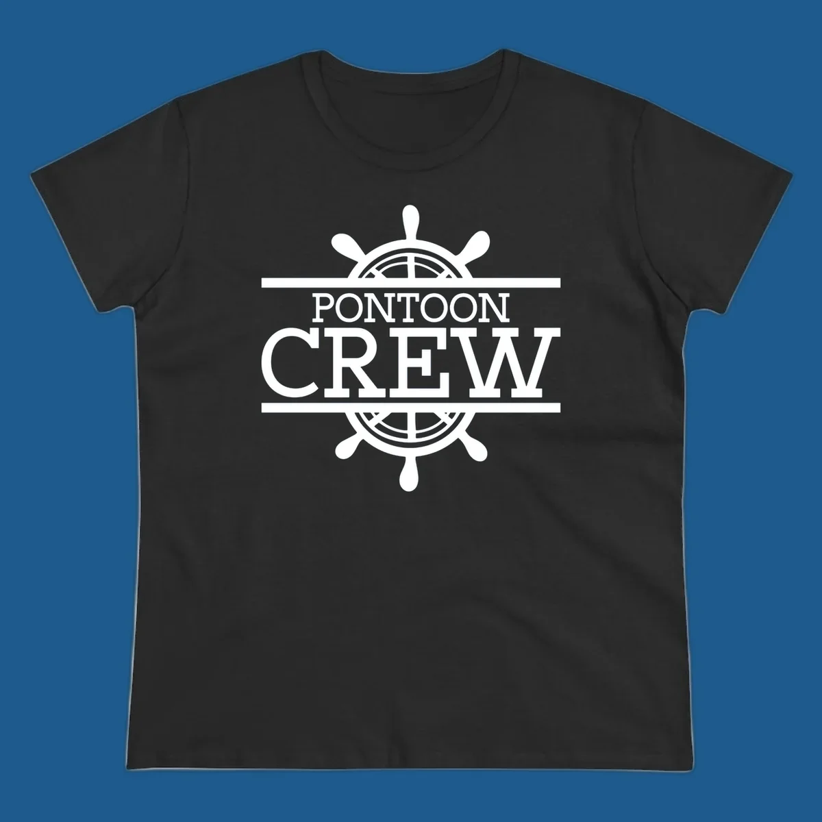 Pontoon crew nautical helm design with white text and graphics.