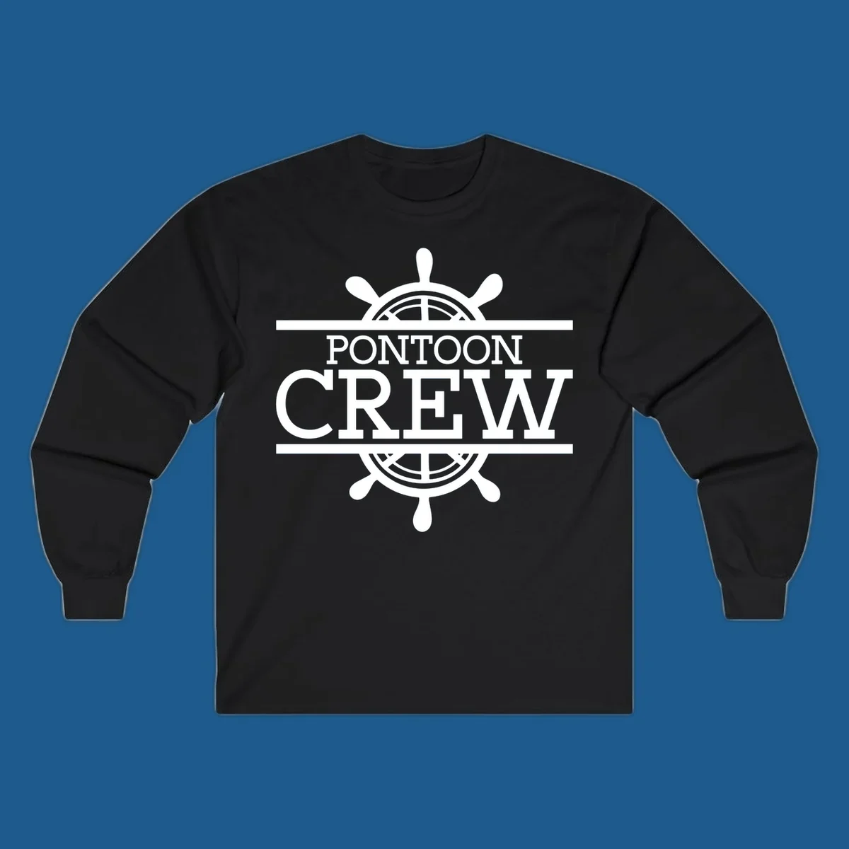 Pontoon crew nautical helm design with white text and graphics.