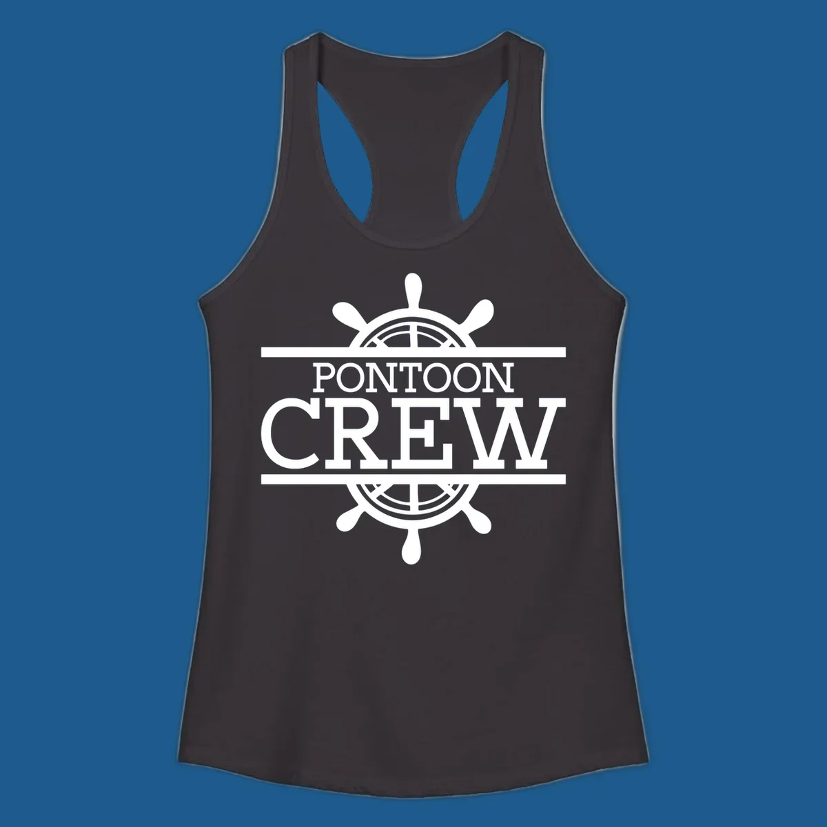 Pontoon crew nautical helm design with white text and graphics.