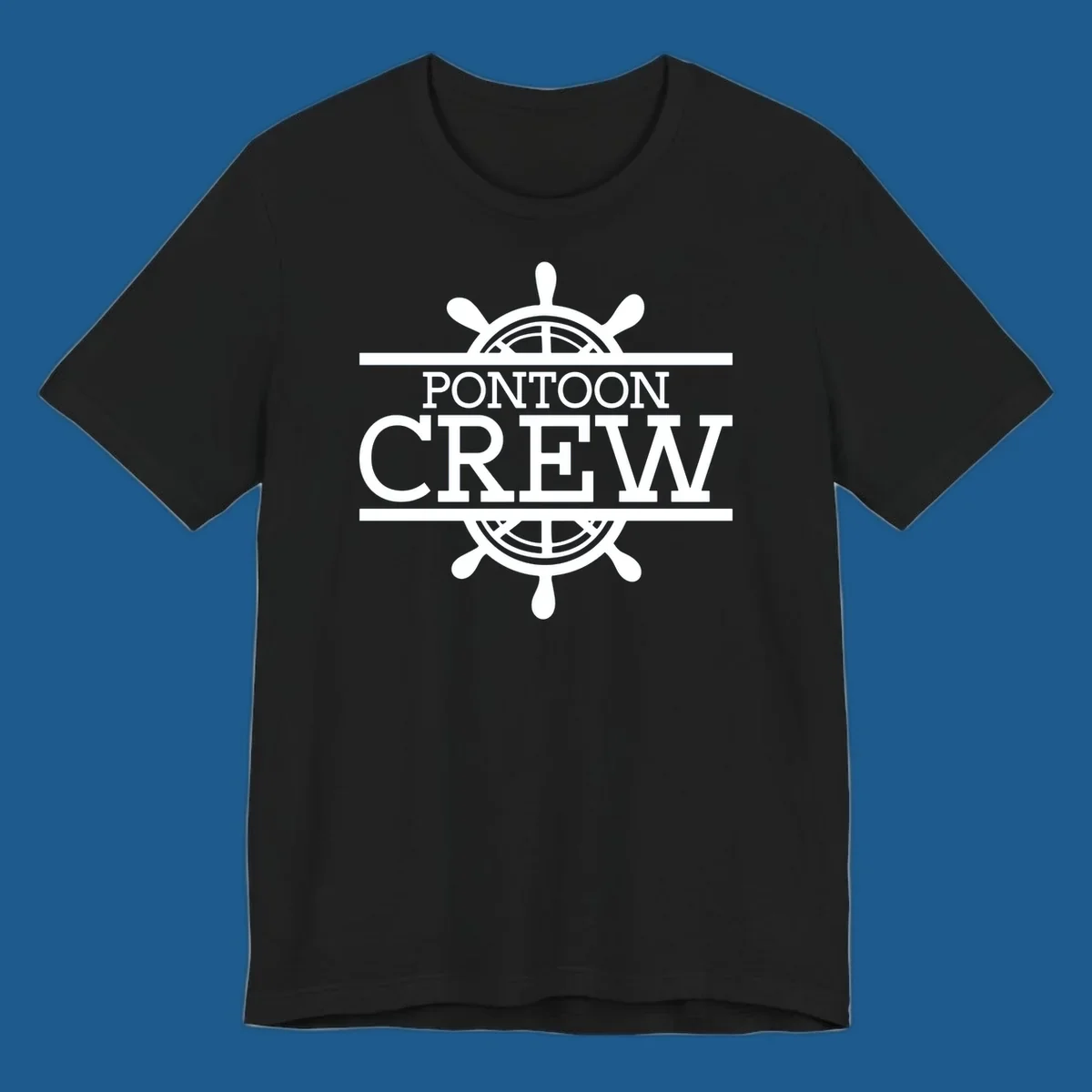 Pontoon crew nautical helm design with white text and graphics.