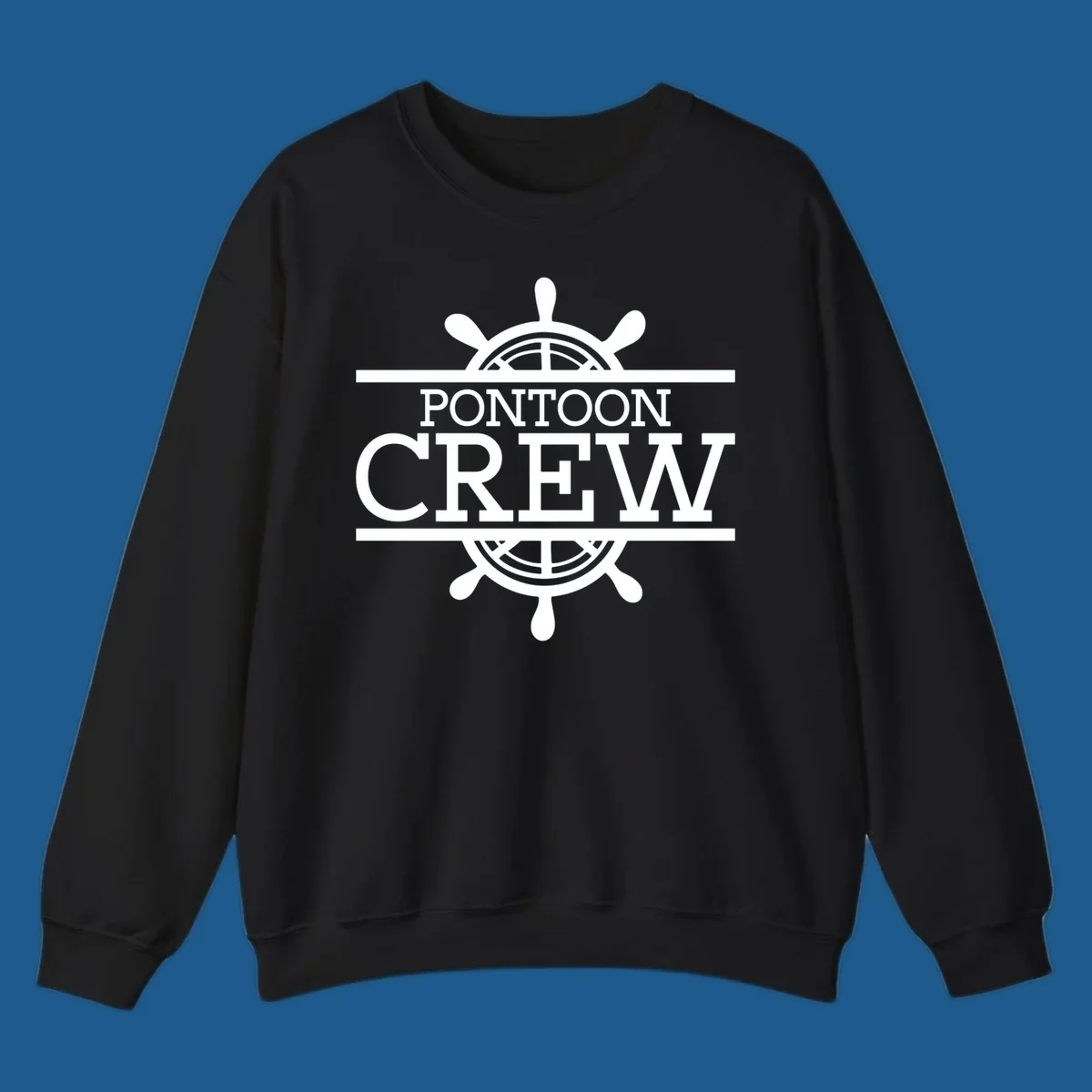 Pontoon crew nautical helm design with white text and graphics.