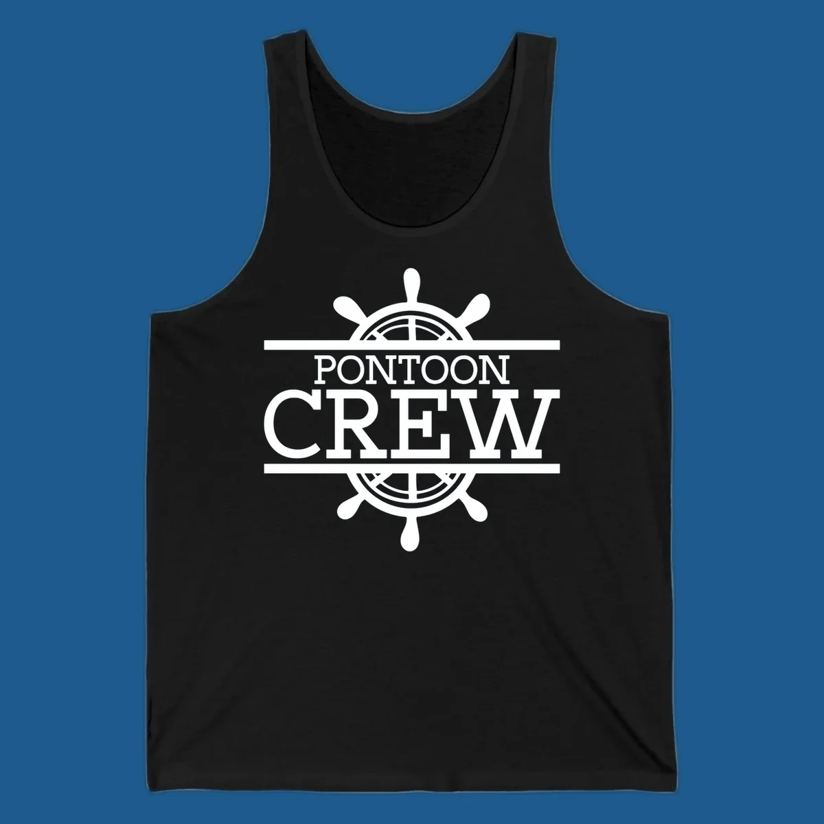 Pontoon crew nautical helm design with white text and graphics.