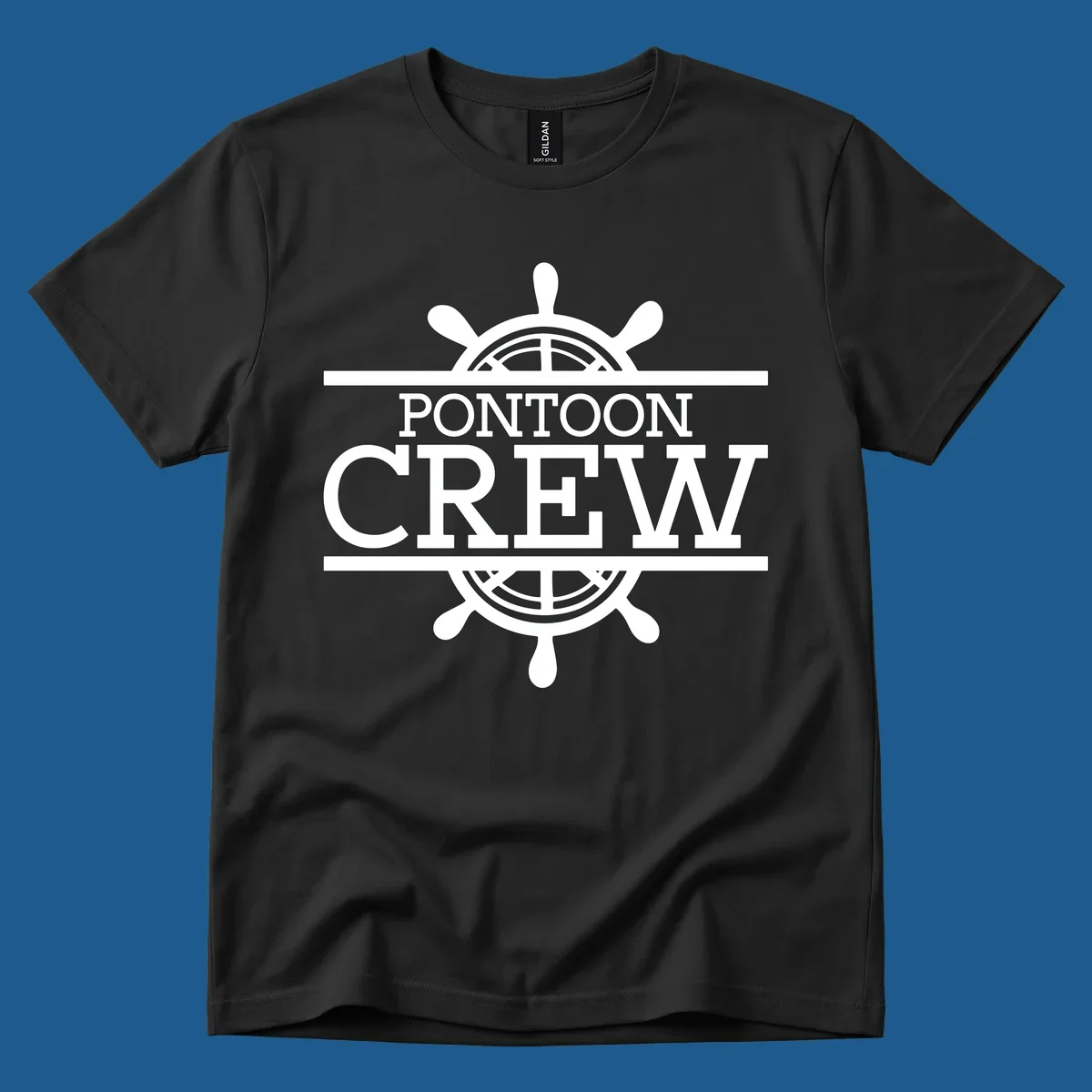 Pontoon crew nautical helm design with white text and graphics.