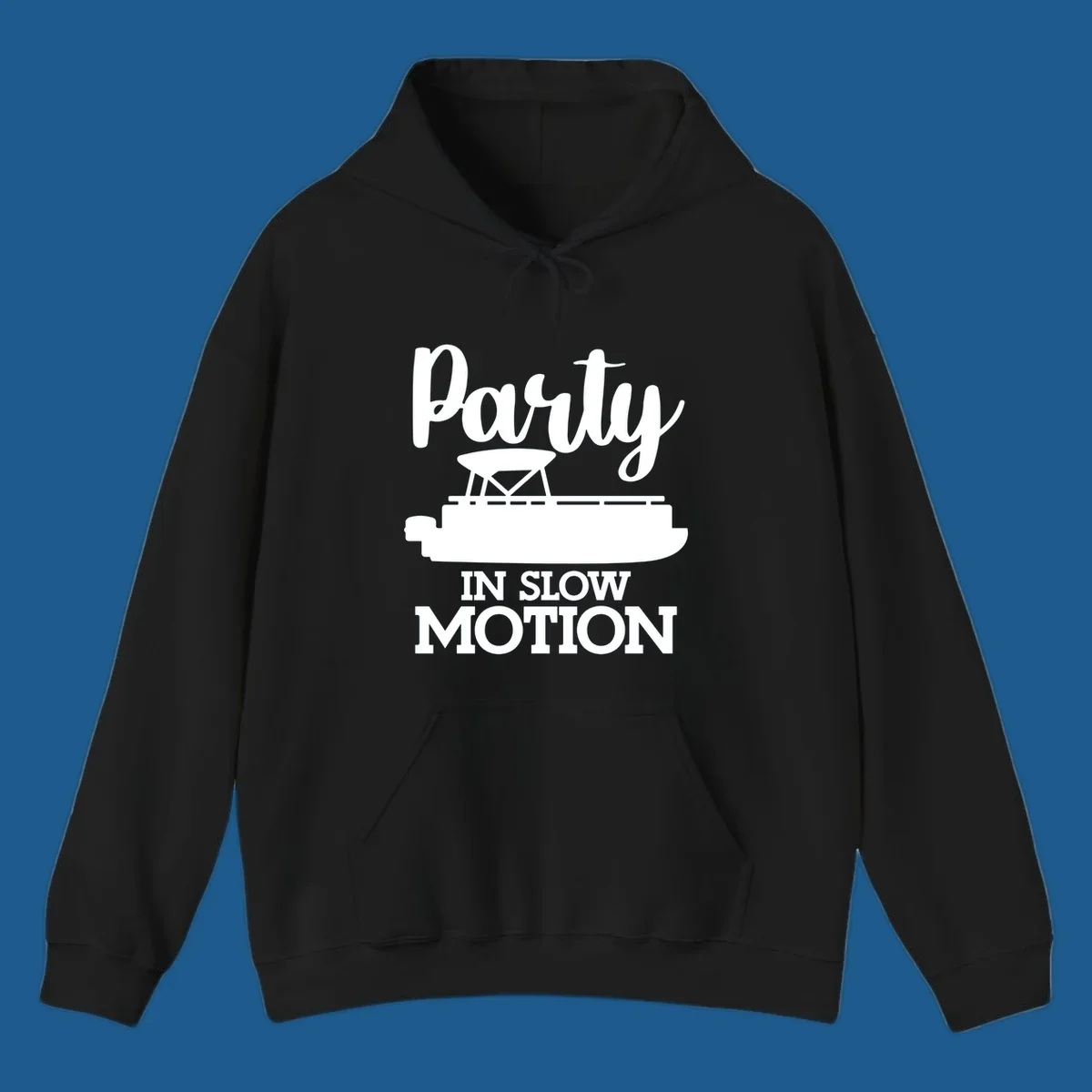Pontoon boat illustration with text "Party IN SLOW MOTION" for pontoon party motion.