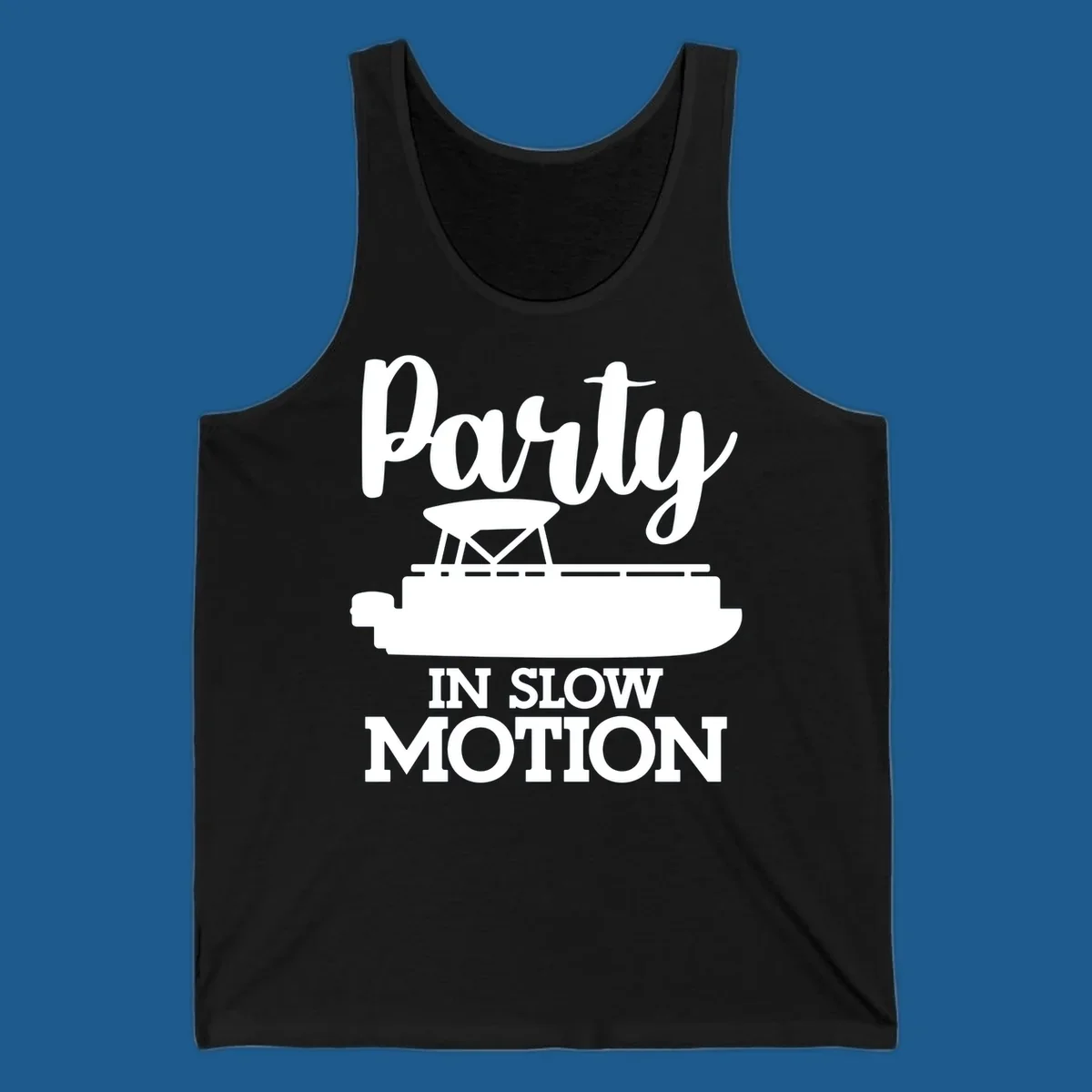 Pontoon boat illustration with text "Party IN SLOW MOTION" for pontoon party motion.